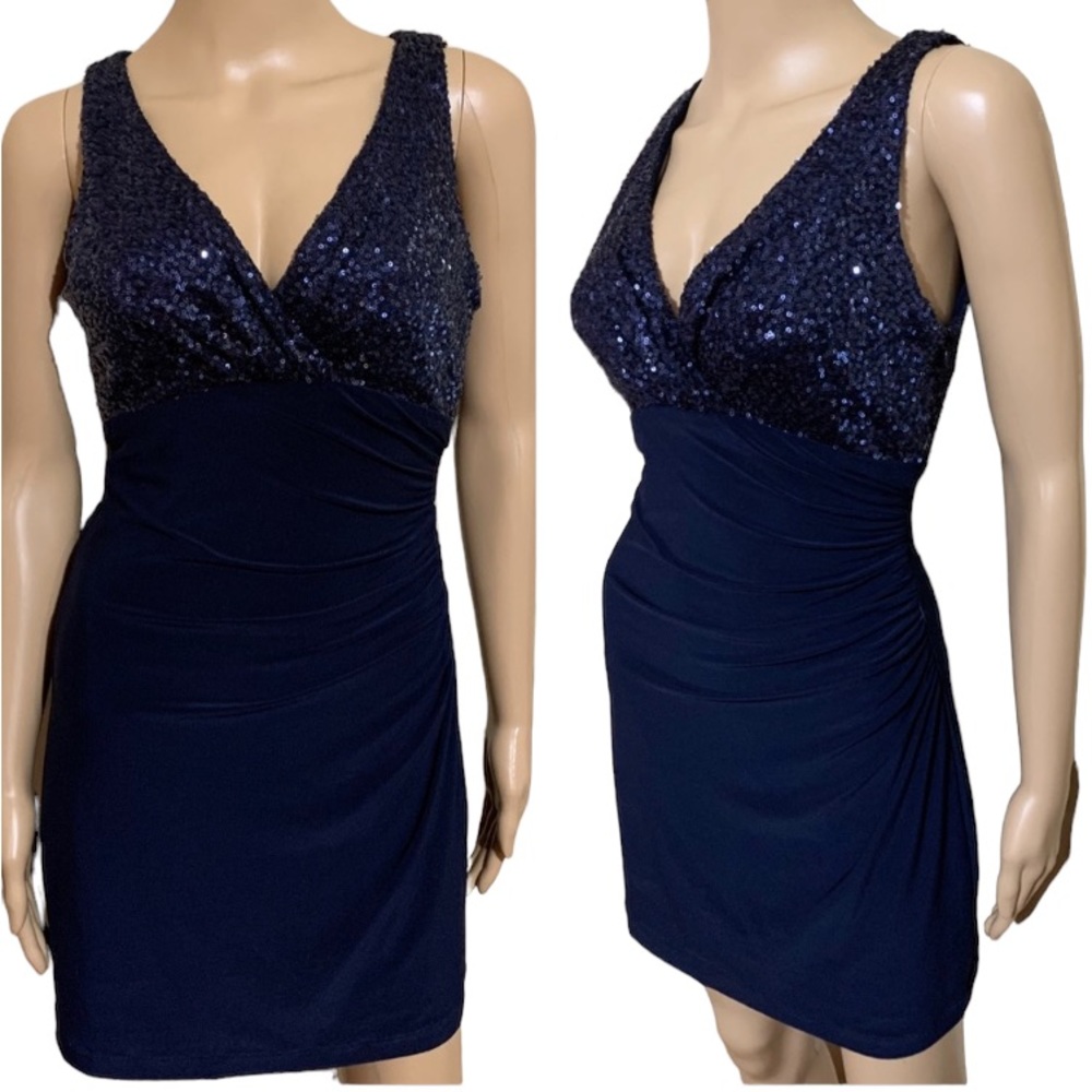 Lauren Ralph Lauren sequin bust dress navy blue cocktail very flattering Sz 4